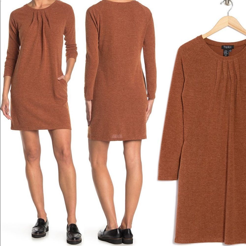 Papillon Women’s pleated crew neck long sleeve sweater dress size L, NWT